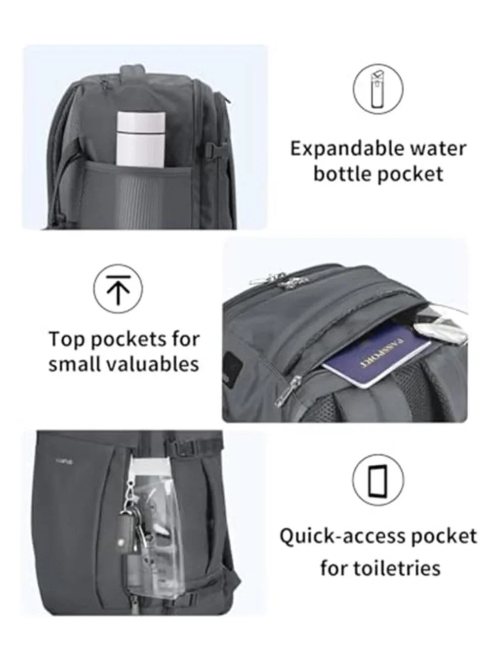 17 Inch Travel Backpack Carry On Personal Item USB Port Water Resistant Grey